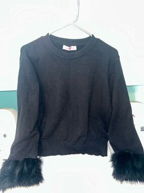 Black Faux Fur Cuff Crewneck Sweater - Women